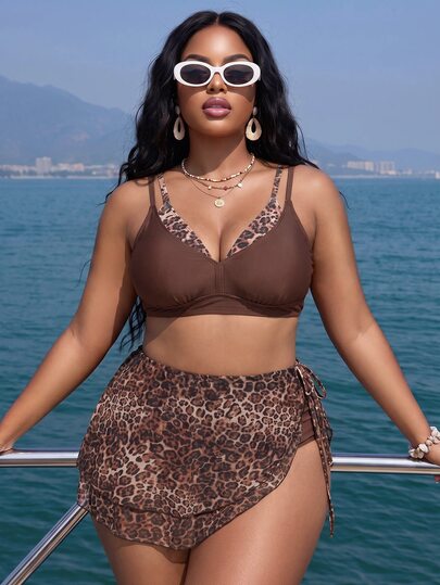 Slaydiva مجموعة بيكيني 2 في 1 بطبعة نمر للنساء بمقاسات كبيرة للصيف والشاطئ مع سراويل مثلثية وتنورة صغيرة