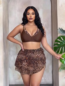 Slaydiva مجموعة بيكيني 2 في 1 بطبعة نمر للنساء بمقاسات كبيرة للصيف والشاطئ مع سراويل مثلثية وتنورة صغيرة - متعدد الألوان - مشاهدة 5