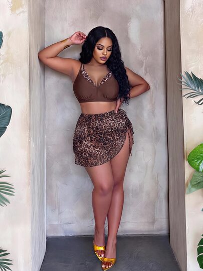 Slaydiva Conjunto de Bikini 2 en 1 de Talla Grande para Mujer con Estampado de Leopardo, Braguita Triángulo y Minifalda para la Playa de Verano
