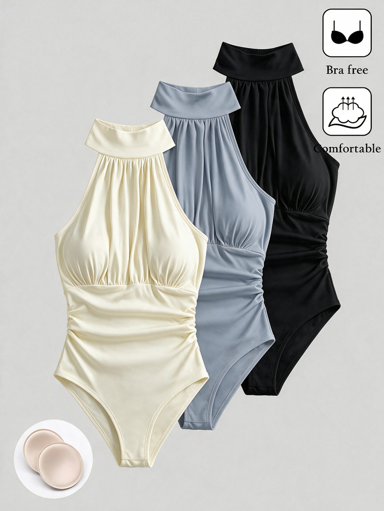 Franclia Summer Fashion Elegant Casual High Elastic Sleeveless Bra-Less Bodysuit With Built-In Cups, Halter Neck, Versatile Basic Style, Suitable For Daily Wear, Travel, Dating, Vacation, Women's Multi-Piece Multi-Color Combination - Multicolor - View 1