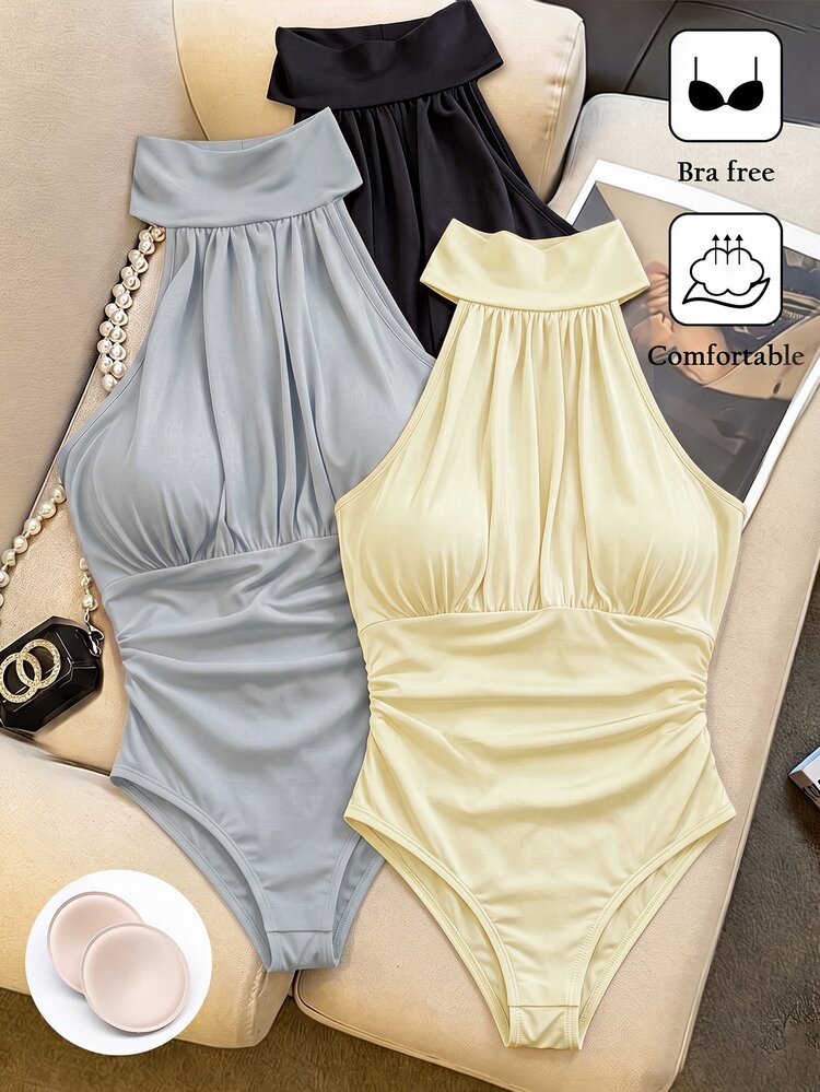 Franclia Summer Fashion Elegant Casual High Elastic Sleeveless Bra-Less Bodysuit With Built-In Cups, Halter Neck, Versatile Basic Style, Suitable For Daily Wear, Travel, Dating, Vacation, Women's Multi-Piece Multi-Color Combination - Multicolor - View 4