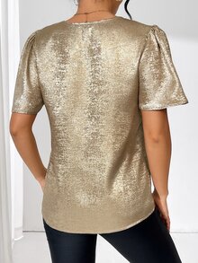 Calvaya Metallic V-Neck Blouse For New Year Holiday Party Clothes - Gold - View 3