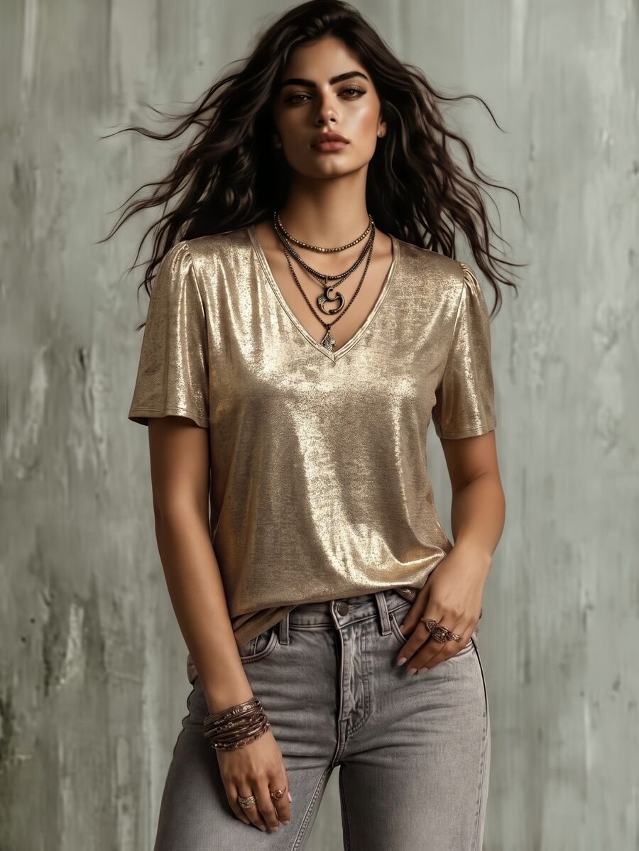Calvaya Metallic V-Neck Blouse For New Year Holiday Party Clothes - Gold - View 1