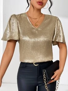 Calvaya Metallic V-Neck Blouse For New Year Holiday Party Clothes - Gold - View 4