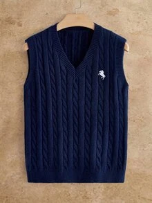 HIMLAND Men's V-Neck Knight Embroidered Pattern Casual Daily Knit Vest - Royal Blue - View 1