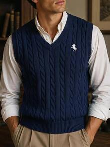HIMLAND Men's V-Neck Knight Embroidered Pattern Casual Daily Knit Vest - Royal Blue - View 10
