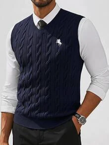 HIMLAND Men's V-Neck Knight Embroidered Pattern Casual Daily Knit Vest - Royal Blue - View 9