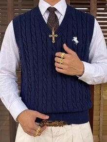 HIMLAND Men's V-Neck Knight Embroidered Pattern Casual Daily Knit Vest - Royal Blue - View 4