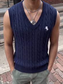 HIMLAND Men's V-Neck Knight Embroidered Pattern Casual Daily Knit Vest - Royal Blue - View 3