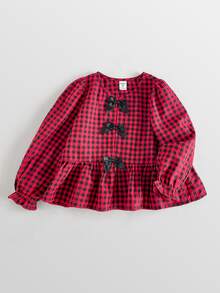Maija Kids Maija Kids 女童黑色格紋蝴蝶結裝飾襯衫，婚禮秋季仙氣嬰幼兒上衣 - 杏色 - 查看 4