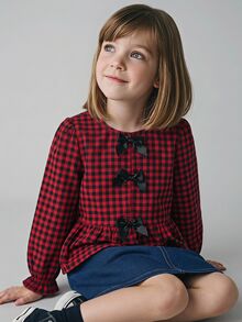 Maija Kids Maija Kids 女童黑色格紋蝴蝶結裝飾襯衫，婚禮秋季仙氣嬰幼兒上衣 - 杏色 - 查看 2