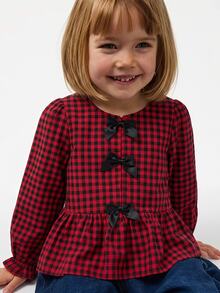 Maija Kids Maija Kids 女童黑色格紋蝴蝶結裝飾襯衫，婚禮秋季仙氣嬰幼兒上衣 - 杏色 - 查看 3