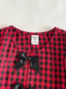 Maija Kids Maija Kids 女童黑色格紋蝴蝶結裝飾襯衫，婚禮秋季仙氣嬰幼兒上衣 - 杏色 - 查看 6