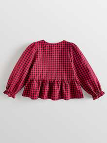 Maija Kids Maija Kids 女童黑色格紋蝴蝶結裝飾襯衫，婚禮秋季仙氣嬰幼兒上衣 - 杏色 - 查看 5