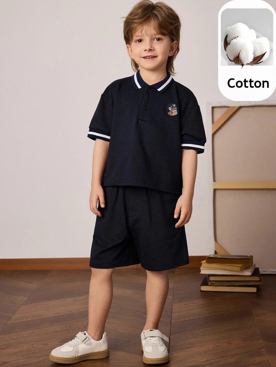 PrepCrw Young Boys' Spring/Summer Preppy Style Blue Polo Shirt & Shorts Sets - Blue - View 1
