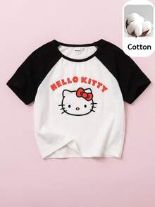 Maija Kids HELLO KITTY AND FRIENDS | SHEIN Maija Kids 兒童青少年女孩休閒趣味 Y2K 優雅可愛針織卡通圖案黑白對比插肩袖短袖套頭 T 恤 校園夏季 - 黑與白 - 查看 6
