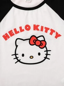 Maija Kids HELLO KITTY AND FRIENDS | SHEIN Maija Kids 兒童青少年女孩休閒趣味 Y2K 優雅可愛針織卡通圖案黑白對比插肩袖短袖套頭 T 恤 校園夏季 - 黑與白 - 查看 4
