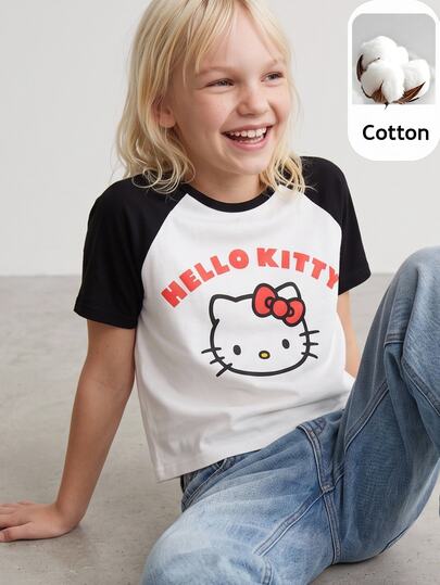 Maija Kids HELLO KITTY AND FRIENDS | SHEIN Maija Kids Kids Tween Girl Casual Funny Y2k Elegant Cute Knit Cartoon Pattern Black And White Contrast Raglan Short Sleeve Pullover T-Shirt School Summer