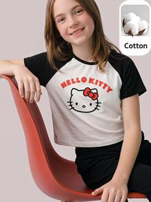 Maija Kids HELLO KITTY AND FRIENDS | SHEIN Maija Kids 兒童青少年女孩休閒趣味 Y2K 優雅可愛針織卡通圖案黑白對比插肩袖短袖套頭 T 恤 校園夏季 - 黑與白 - 查看 2