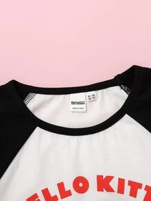 Maija Kids HELLO KITTY AND FRIENDS | SHEIN Maija Kids 兒童青少年女孩休閒趣味 Y2K 優雅可愛針織卡通圖案黑白對比插肩袖短袖套頭 T 恤 校園夏季 - 黑與白 - 查看 5