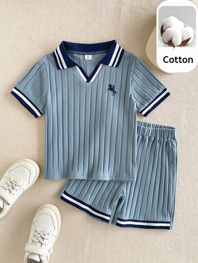 PrepCrw 2pcs Kids Boys Casual School Sports Loose Knit Navy Blue Polo Shirt And Shorts Set, Suitable For Daily Wear, Back To School, Outings, Spring Summer