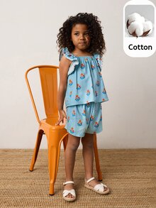 Maija Kids Maija Kids 2件套年轻女孩休闲宽松碎花吊带背心和短裤套装 - 薄荷綠 - 查看 1