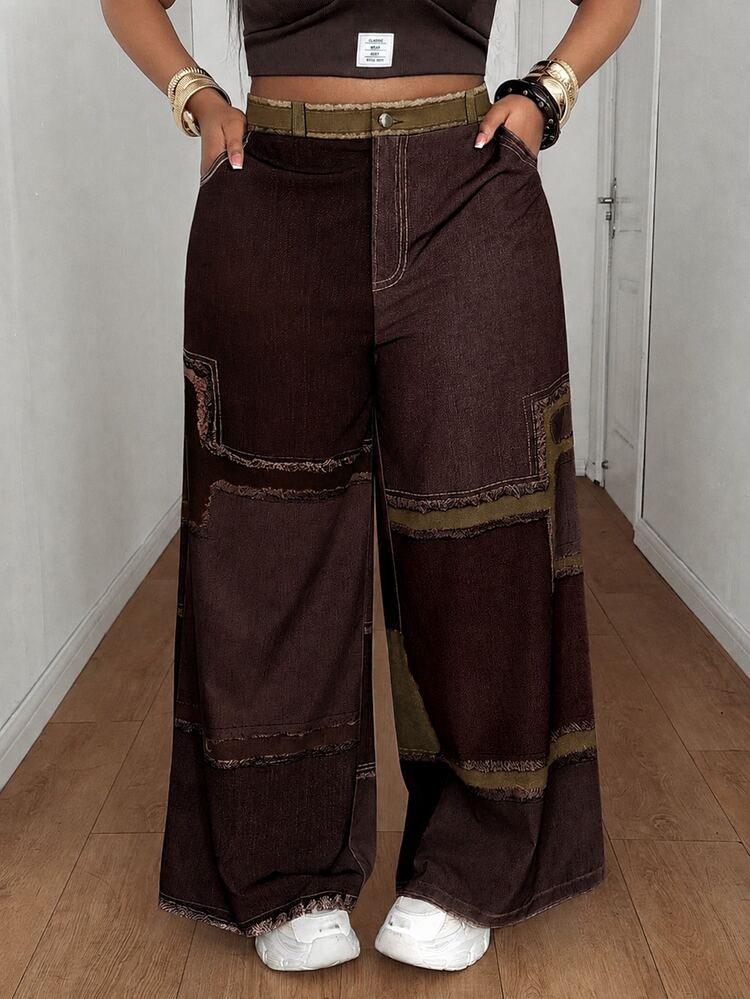 Maweii Summer Contrast Color Woven Digital Patchwork Casual Loose Straight Leg Cargo Pants - Brown - View 4