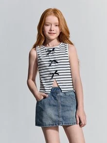 Maija Kids Maija Kids 青少年女孩羅紋針織蝴蝶結裝飾圓領休閒兩件套 - 彩色 - 查看 6