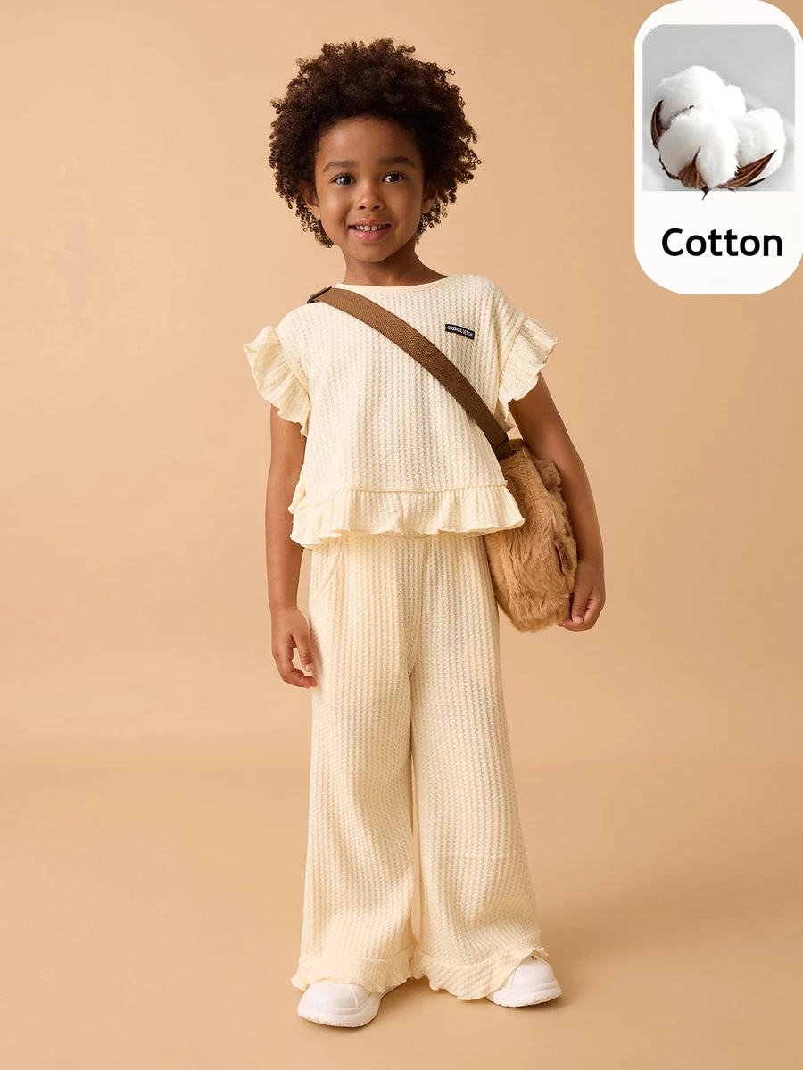 Maija Kids Maija Kids 2pcs/Set Young Girl Loose Ruffled Collar Short Sleeve T-Shirt And Flare Pants Summer Outfits - Apricot - View 1