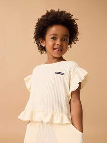 Maija Kids Maija Kids 2pcs/Set Young Girl Loose Ruffled Collar Short Sleeve T-Shirt And Flare Pants Summer Outfits - Apricot - View 4