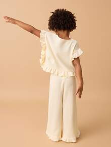 Maija Kids Maija Kids 2pcs/Set Young Girl Loose Ruffled Collar Short Sleeve T-Shirt And Flare Pants Summer Outfits - Apricot - View 2