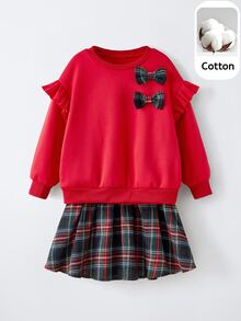 Maija Kids Maija Kids 2pcs Young Girl Bow Decor Round Neck Long Sleeve Sweatshirt & Plaid Skirt Set - Red - View 1