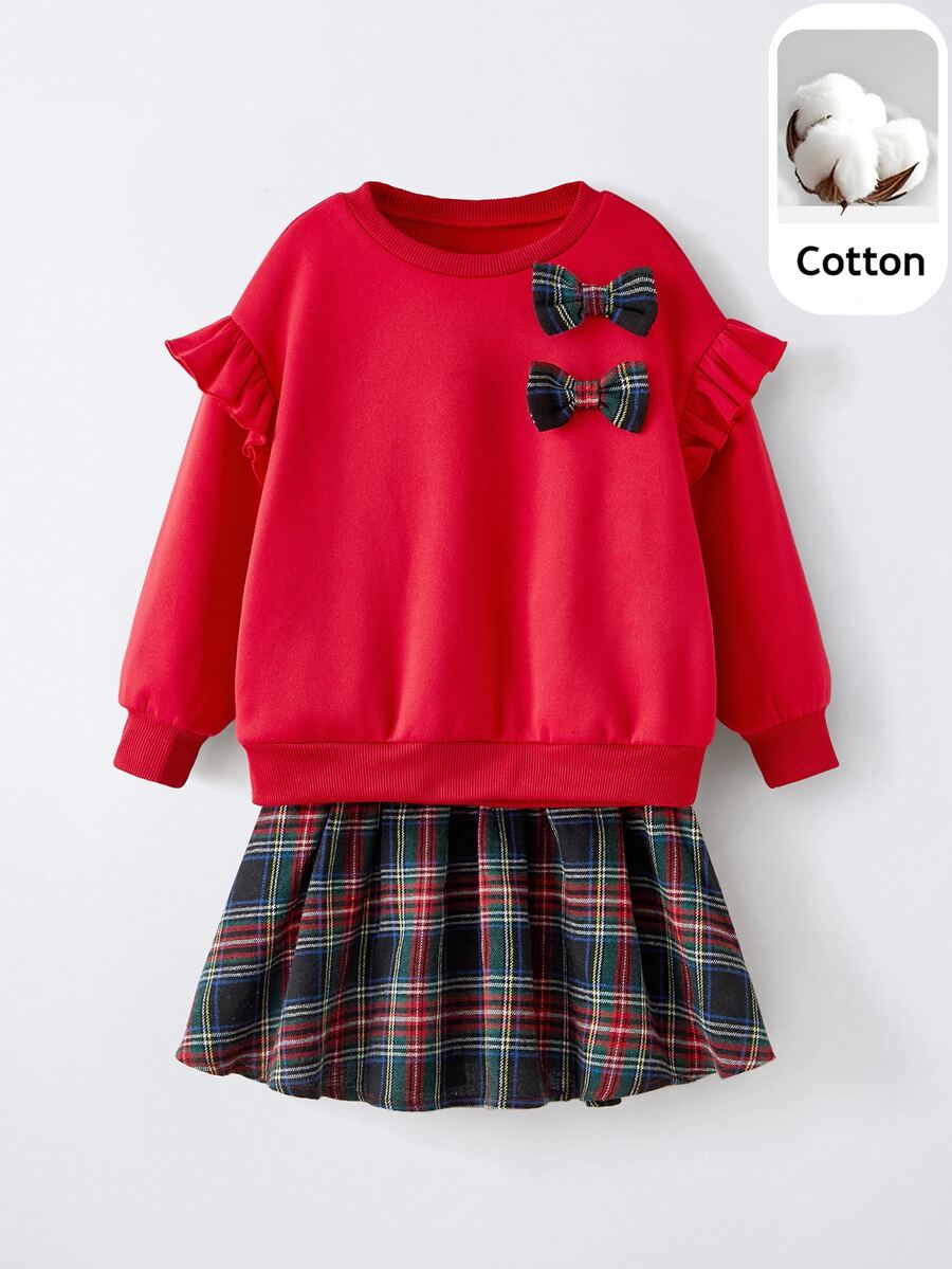 Maija Kids Maija Kids 2pcs Young Girl Bow Decor Round Neck Long Sleeve Sweatshirt & Plaid Skirt Set - Red - View 1