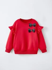 Maija Kids Maija Kids 2pcs Young Girl Bow Decor Round Neck Long Sleeve Sweatshirt & Plaid Skirt Set - Red - View 5