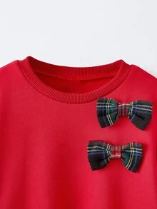 Maija Kids Maija Kids 2pcs Young Girl Bow Decor Round Neck Long Sleeve Sweatshirt & Plaid Skirt Set - Red - View 4
