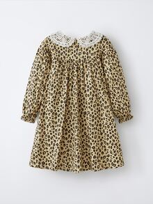 Maija Kids Maija Kids Young Girl Colorblock Floral Trim Round Neck Long Sleeve Waist Cinched Dress Fall Winter - Khaki - View 2