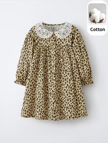 Maija Kids Maija Kids Young Girl Colorblock Floral Trim Round Neck Long Sleeve Waist Cinched Dress Fall Winter - Khaki - View 1