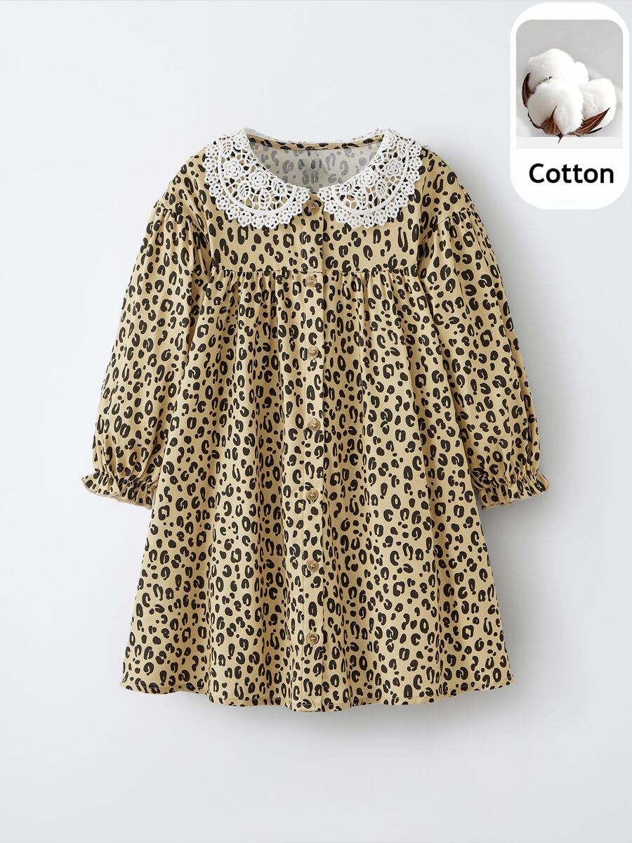 Maija Kids Maija Kids Young Girl Colorblock Floral Trim Round Neck Long Sleeve Waist Cinched Dress Fall Winter - Khaki - View 1