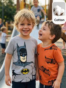 BATMAN X SHEIN 2pcs/Set Cartoon Pattern Knit Soft Crew Neck Short Sleeve Pullover Top For Boys - Multicolor - View 1