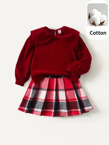 Maija Kids Maija Kids 2pcs/Set Girls' Solid Color Soft Velvet Crew Neck Bow Knit Sweater And Plaid Mini Skirt, Suitable For Christmas, Holiday Parties, And School Style - Multicolor - View 1