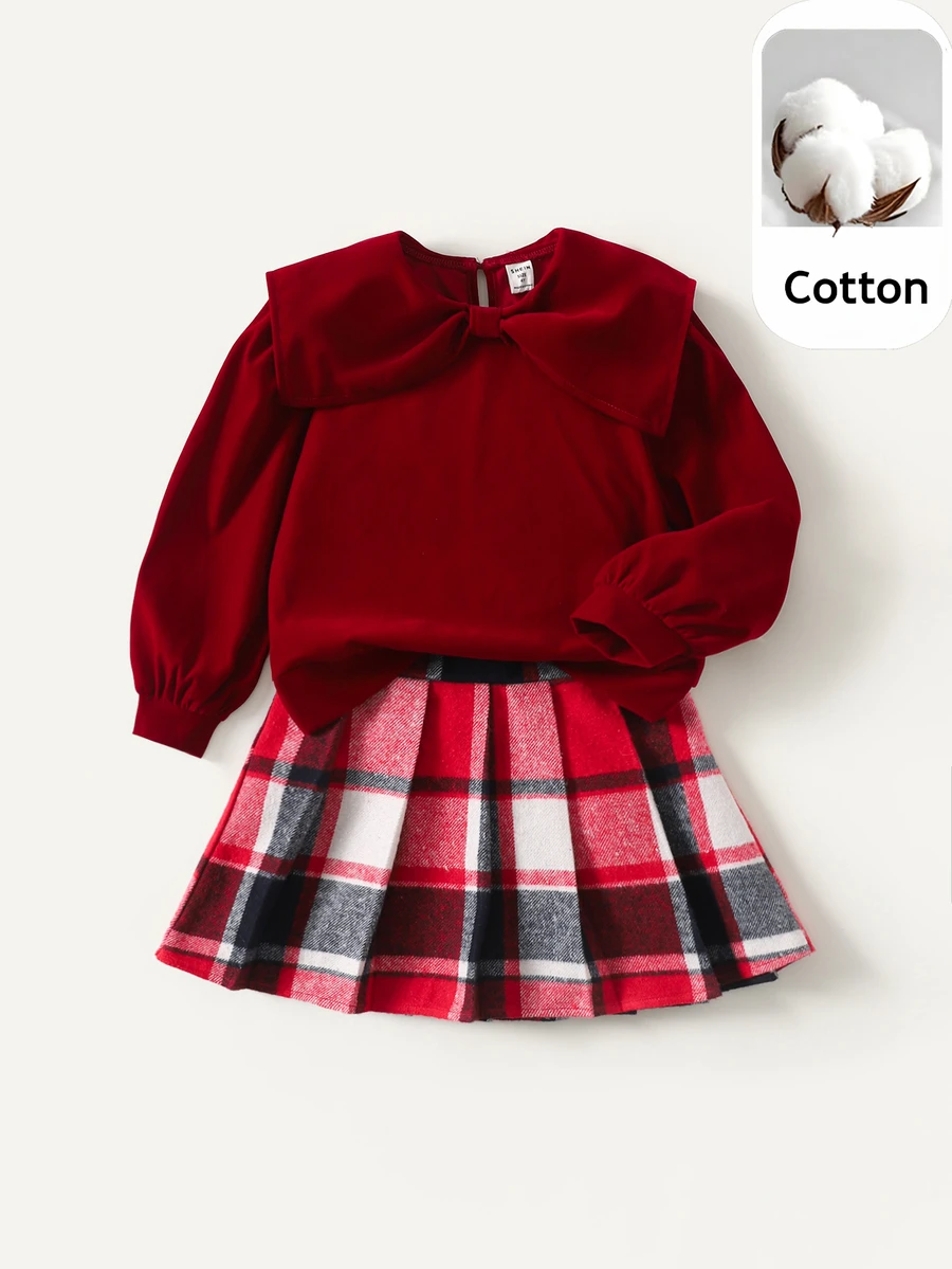 Maija Kids Maija Kids 2pcs/Set Girls' Solid Color Soft Velvet Crew Neck Bow Knit Sweater And Plaid Mini Skirt, Suitable For Christmas, Holiday Parties, And School Style - Multicolor - View 1