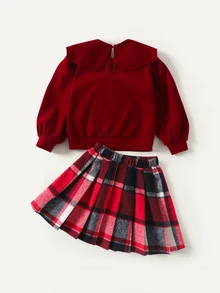 Maija Kids Maija Kids 2pcs/Set Girls' Solid Color Soft Velvet Crew Neck Bow Knit Sweater And Plaid Mini Skirt, Suitable For Christmas, Holiday Parties, And School Style - Multicolor - View 2