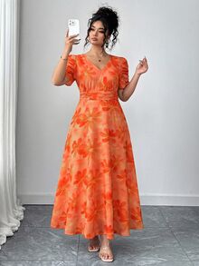 Elenzga 大尺碼焦橙色花卉V領中長洋裝，女款優雅夏季度假婚禮早午餐派對正式賓客褶皺短袖洋裝 - 珊瑚橙 - 查看 3