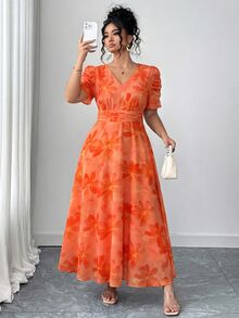Elenzga 大尺碼焦橙色花卉V領中長洋裝，女款優雅夏季度假婚禮早午餐派對正式賓客褶皺短袖洋裝 - 珊瑚橙 - 查看 4