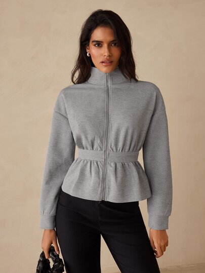 Glamine Women's Grey Zipper Stand Collar Cinched Waist Short Sweatshirt Jacket, Long Sleeve Drop Shoulder Ruffle Hem Solid Color Casual Sporty Outerwear, Slimming Fit Daily Commute Running Fitness Street Style