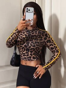 Core Rhythm Women's Leopard Print Zipper Half-Placket Cropped Sports Sweatshirt - Multicolor - View 8