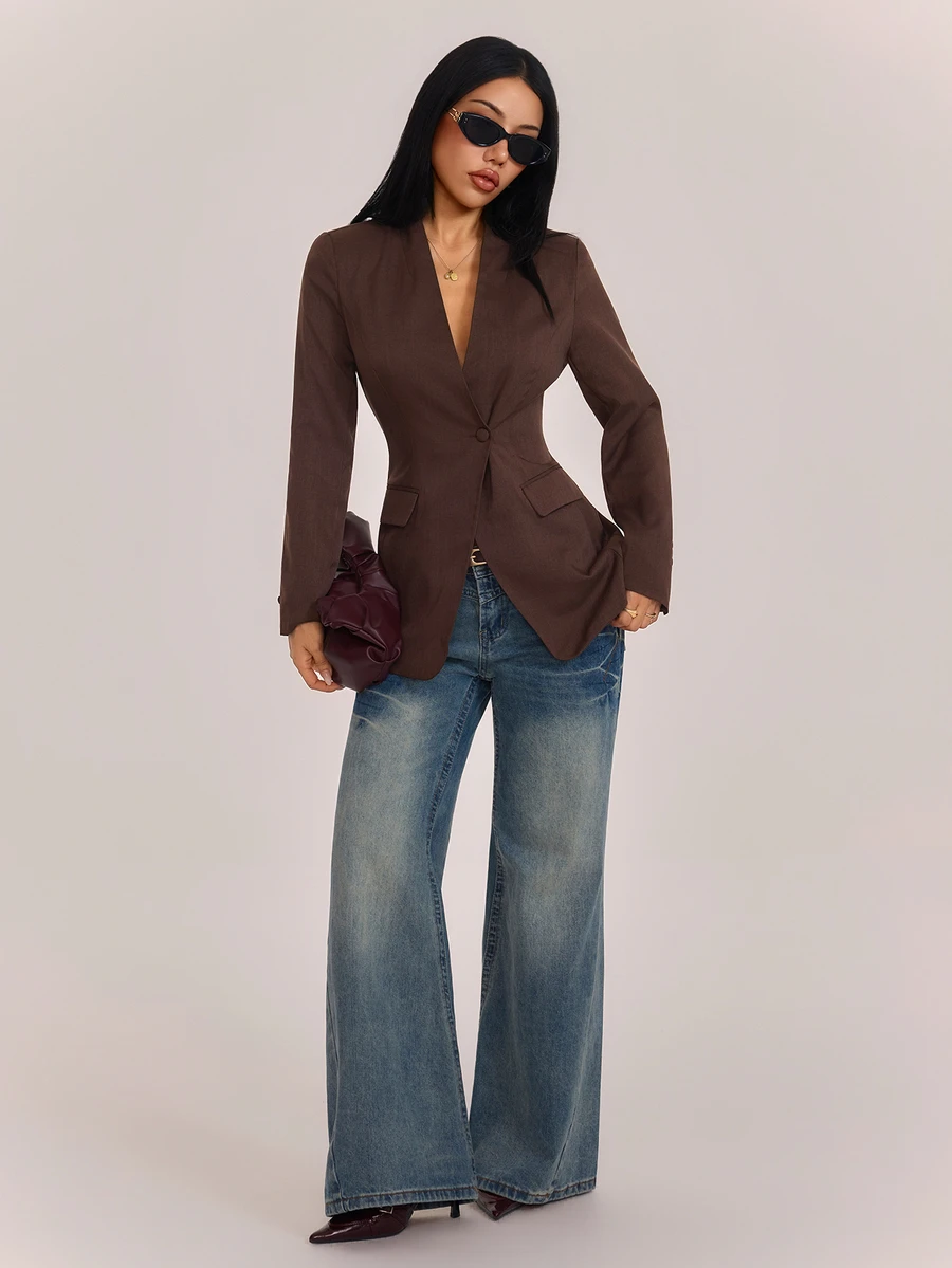 SHEIN PETITE Stylish Brown Blazer For Petite Women-Suitable For Commuting And Business Settings. - Brown - View 1
