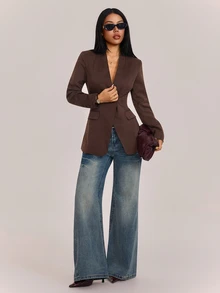 SHEIN PETITE Stylish Brown Blazer For Petite Women-Suitable For Commuting And Business Settings. - Brown - View 4
