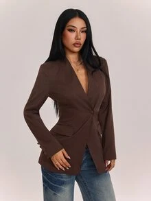 SHEIN PETITE Stylish Brown Blazer For Petite Women-Suitable For Commuting And Business Settings. - Brown - View 3
