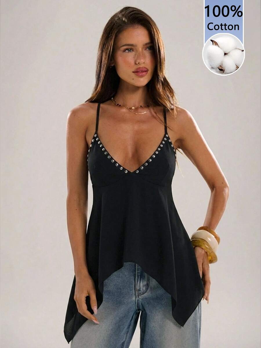 SHEIN BAE 95%棉黑色細肩帶背心,箔印花與不對稱下擺,休閒極簡日常百搭,約會穿搭,女款秋季服飾,秋季穿搭,通勤穿搭,百搭上衣,外出穿搭,機場穿搭 - 黑色 - 查看 1